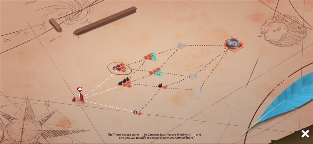 As Far As The Eye - Eine stilisierte Pergamentkarte, die verzweigte Reisewege und sechseckige Ressourcenknoten im Spiel As Far As The Eye zeigt.