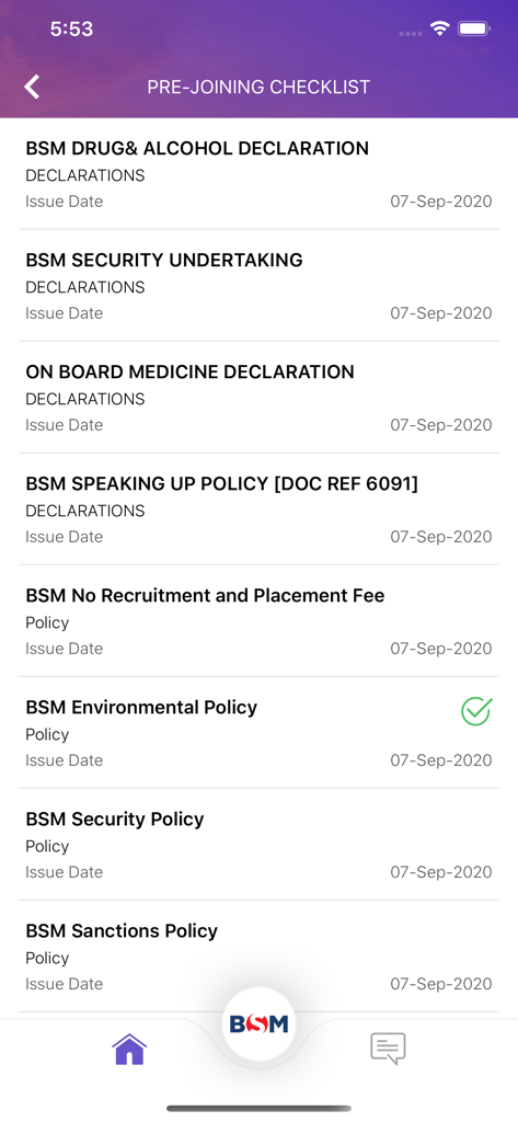 Mobile screen showing a pre joining checklist for seafarers with various company policies and declarations