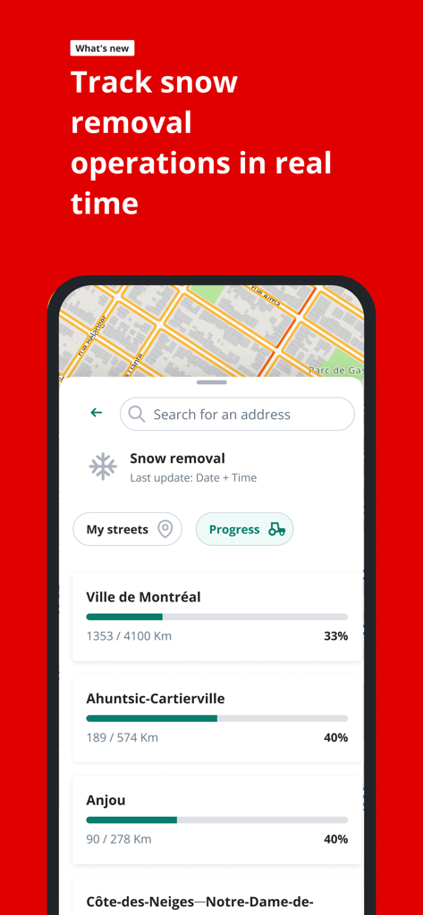 Interface of the 311 Montreal app showing real-time snow removal progress for different city boroughs.