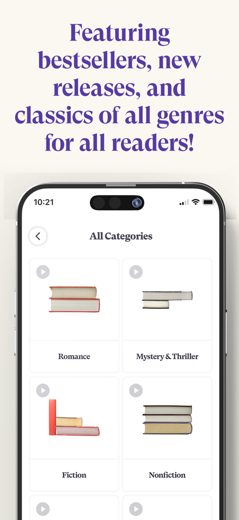 Bookshop.org Ebooks - A mobile app screen displaying book categories including Romance and Mystery