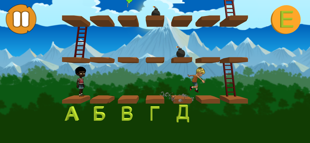 Educational gameplay screen from Alphabet and Ladders showing children characters navigating mountain platforms with ladders and Cyrillic letters.