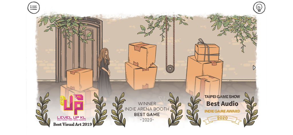 Eda standing in a room with cardboard boxes and indie game award logos from When The Past Was Around