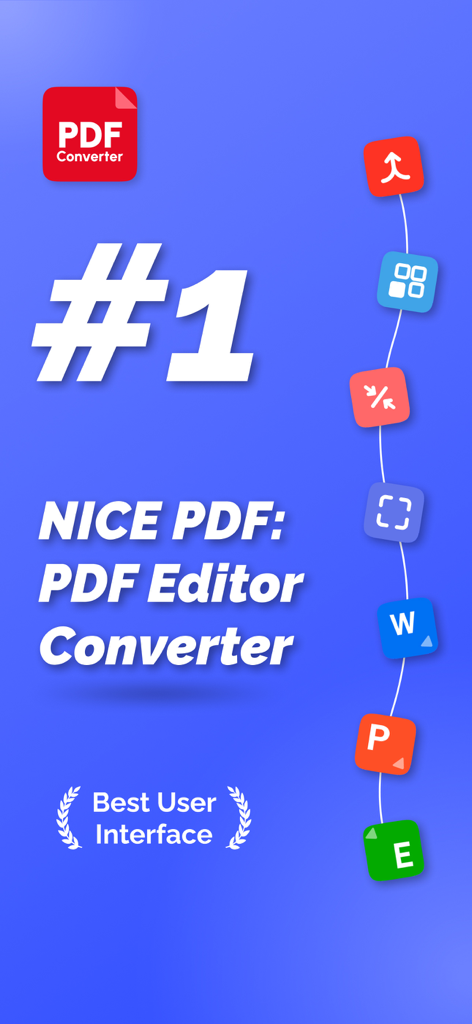 PDF Converter - All Documents - Pantalla promocional para la aplicación NICE PDF Editor y Converter destacando su interfaz de usuario y herramientas de documentos