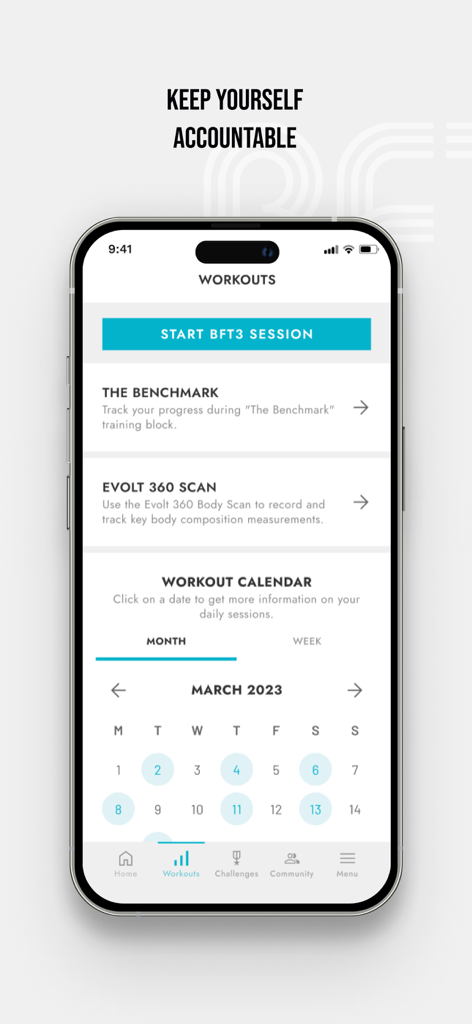 BFT Performance - BFT Performance mobile app interface showing a workout calendar and session tracking tools