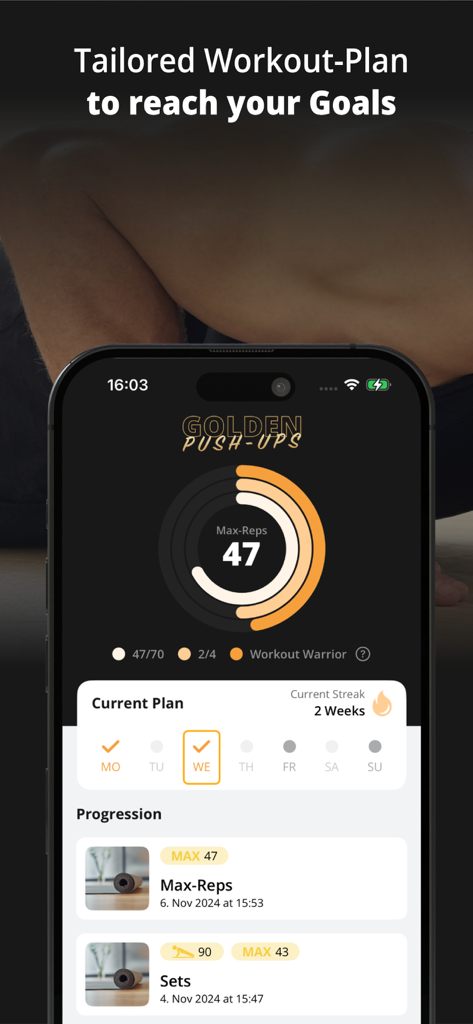 Interface of GOLDEN Push Up app displaying a personalized workout plan, current streak of 2 weeks, and historical max-rep progression data.