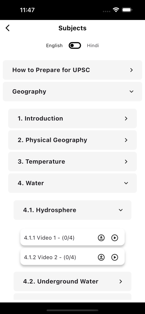 Afeias - Afeias app screen showing Geography subject modules and video lectures for UPSC preparation with language toggle.