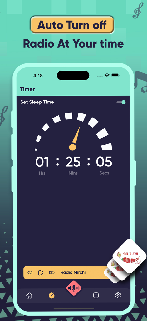 Fiji Radio - All FIji Live FM - Screenshot of the Fiji Radio app showing the sleep timer interface with a dial and countdown timer to automatically turn off the radio
