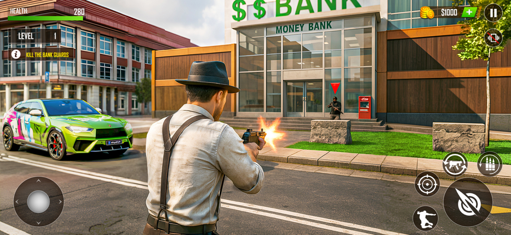 Jail Break Prison Escape Game - A third-person shooter scene where a character in a fedora shoots at bank guards during a heist.