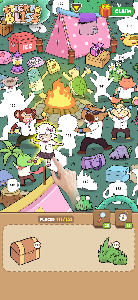 A hand placing a sheep sticker onto a numbered silhouette in a cartoon campfire scene within the Sticker Bliss app