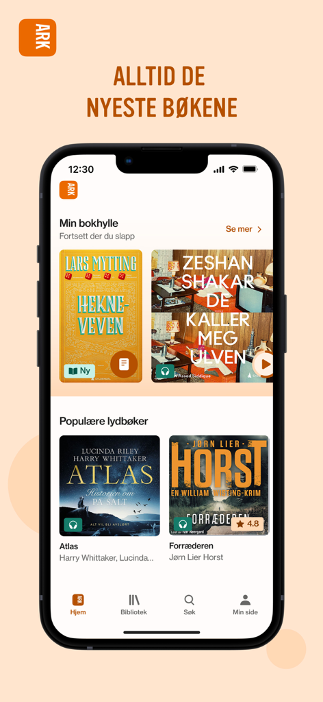 ARK - Screenshot of the ARK bookstore app home screen on a mobile phone displaying Norwegian ebooks and audiobooks.