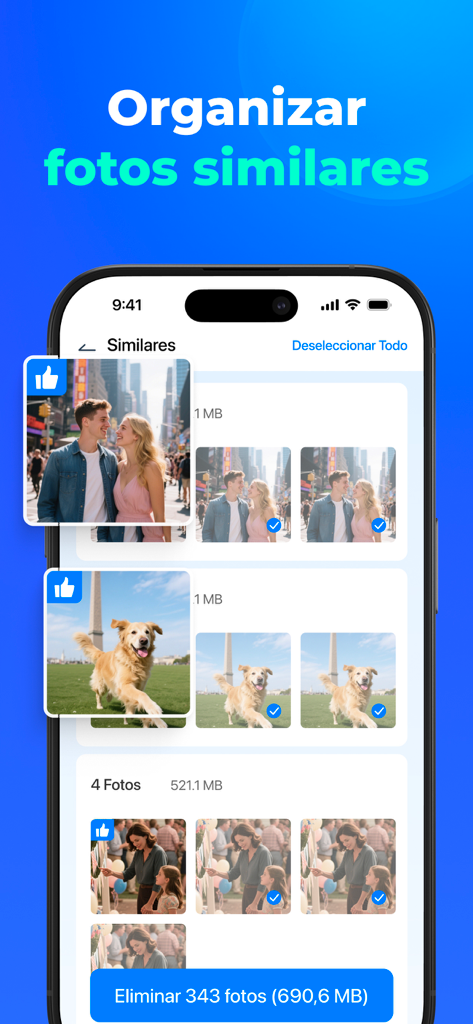 Speed Cleaner: AI Phone Clean - Screenshot of Speed Cleaner app interface showing groups of similar photos selected for deletion to free up storage space.