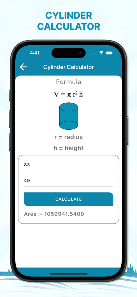 Tela da calculadora de cilindro mostrando a fórmula de volume e entradas para raio e altura