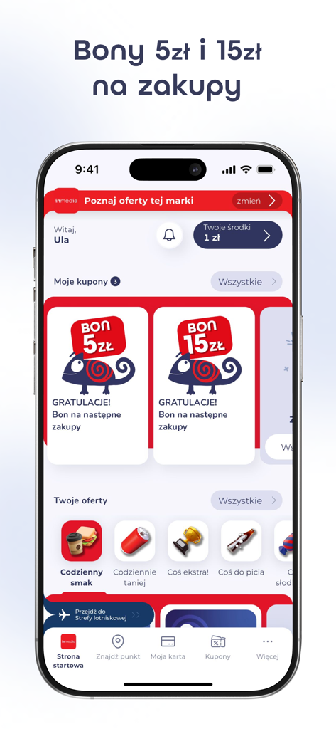 Kameleon loyalty app interface displaying digital shopping vouchers and personalized discount coupons for coffee and snacks.