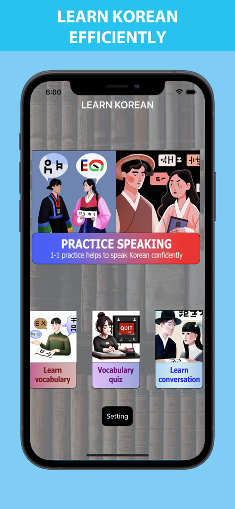 Talk to me in Korean - The home screen of the Talk to me in Korean app showing options for speaking practice vocabulary lessons and quizzes.