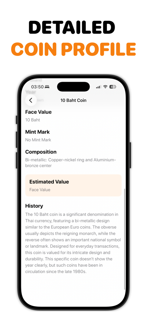 Coin Identifier: Worth Value - Captura de pantalla de la aplicación Identificador de Monedas que muestra un perfil detallado de una moneda de 10 Baht, incluyendo su composición, valor e historia.