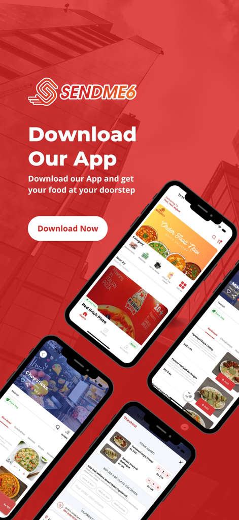 Sendme6 - Gráfico de marketing para la aplicación Sendme6 que muestra funciones de entrega de alimentos en varias pantallas de teléfonos inteligentes