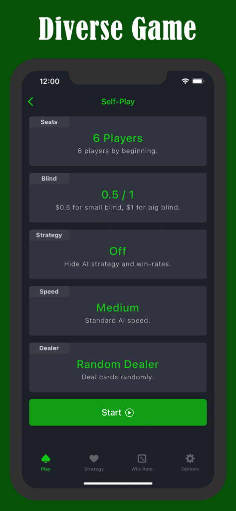 Poker AI - Optimal Strategy - Pantalla de configuración de la aplicación Poker AI con opciones de configuración del juego para asientos y ciegas