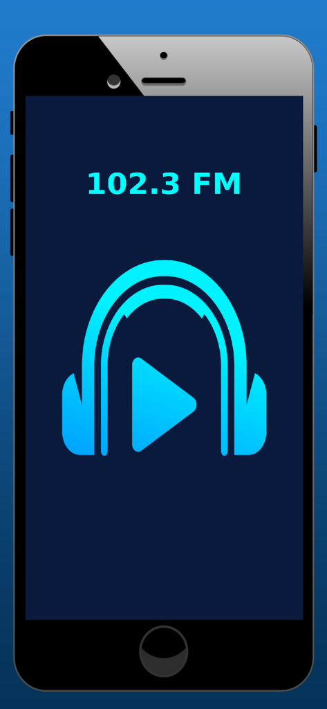 102.3 FM Radio Stations App - 102.3 FM radio station app home screen with a play icon and headphones on a mobile device