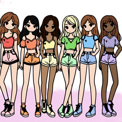 a group of girls wearing crop tops and shorts