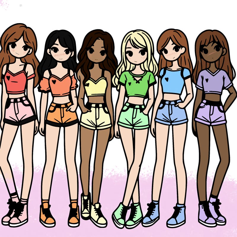 a group of girls wearing crop tops and shorts