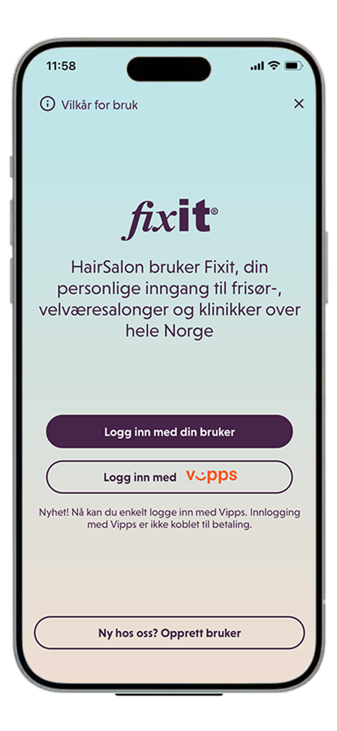 Fixit Timebestilling - Fixit Timebestilling login screen with options to sign in using a personal account or Vipps