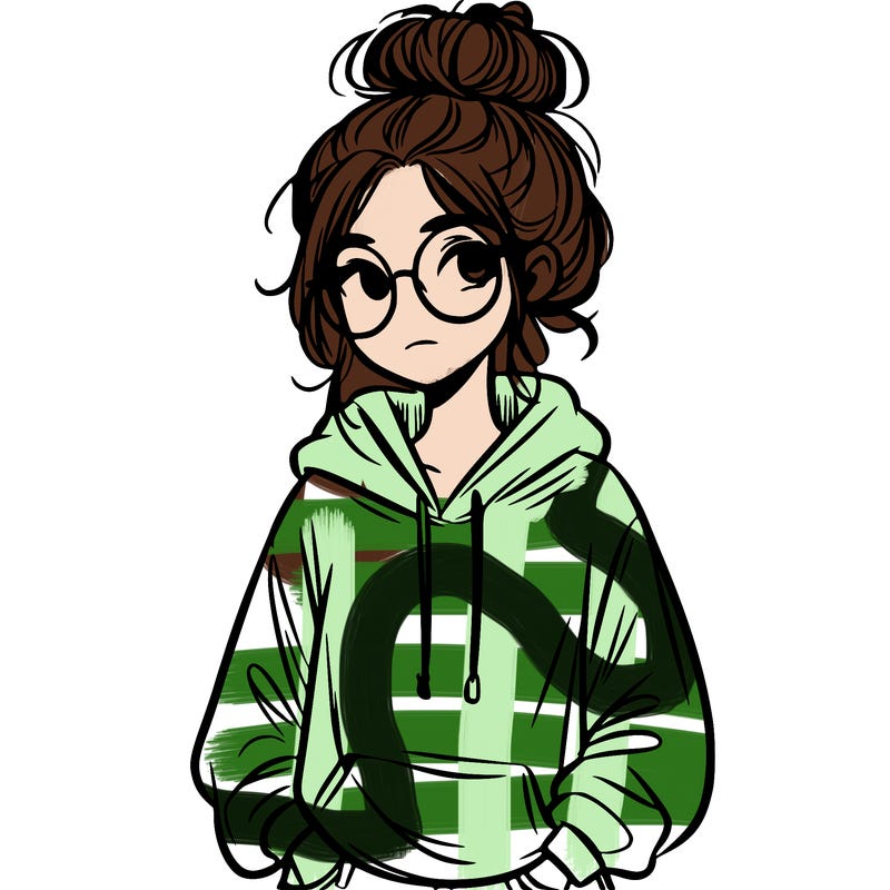 teen girl with a messy bun and glasses wearing a loose hoodie and jeans