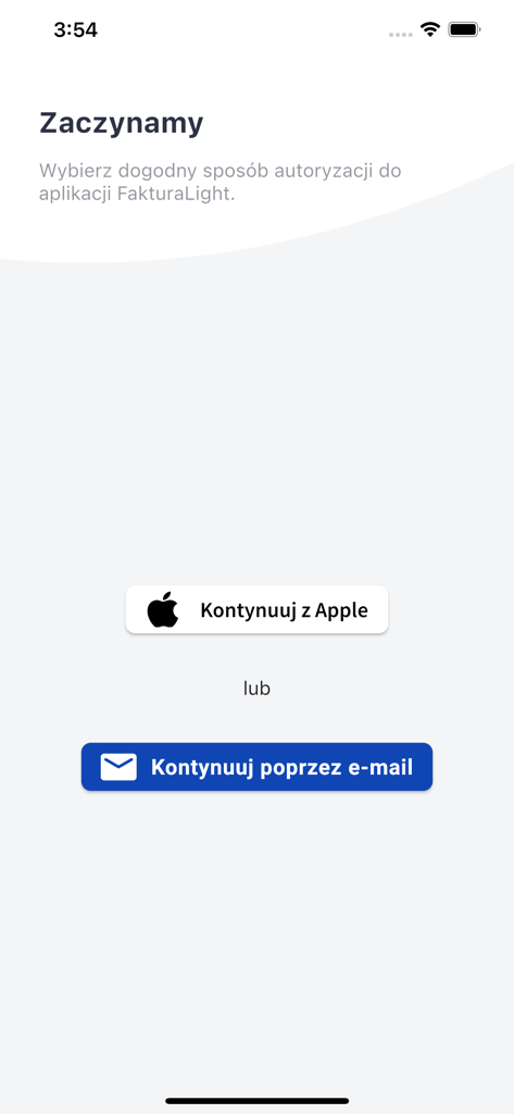 FakturaLight app login screen with Apple and email sign in options