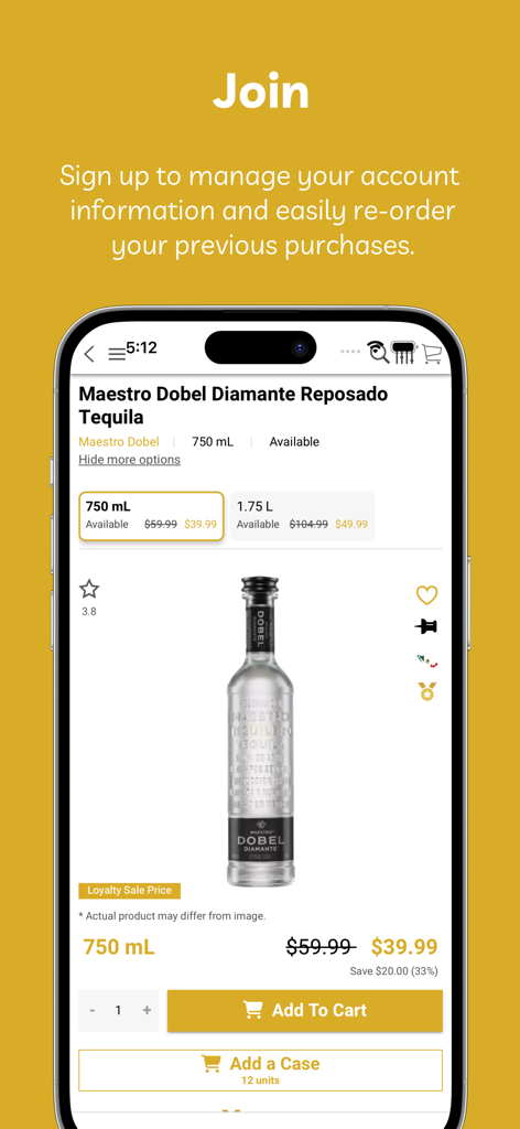Pantalla de la aplicación móvil que muestra los detalles del producto Tequila Maestro Dobel Diamante y los botones para agregar al carrito