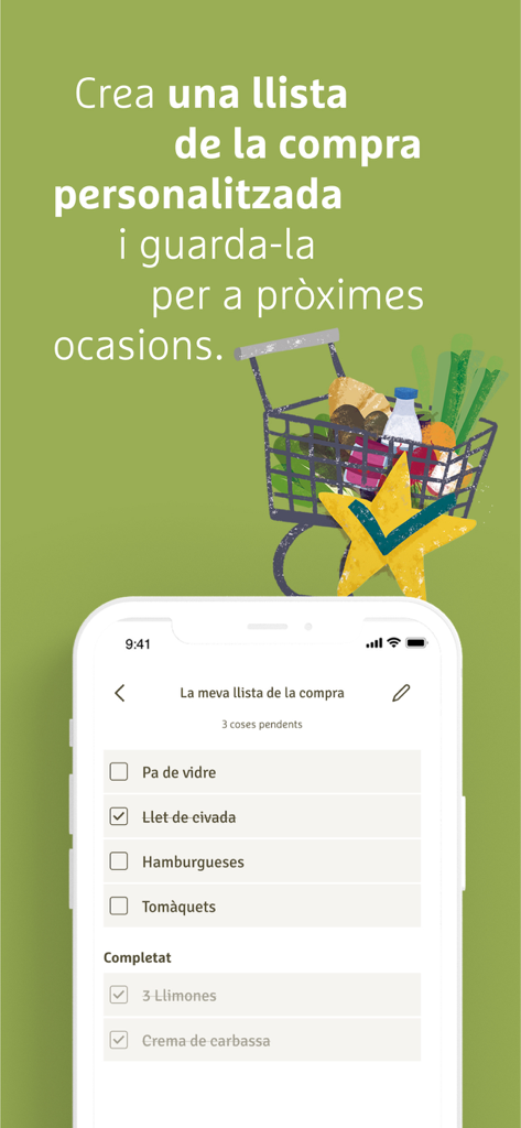 A mobile app interface showing a personalized grocery shopping list with checklist items for bread oat milk and vegetables.