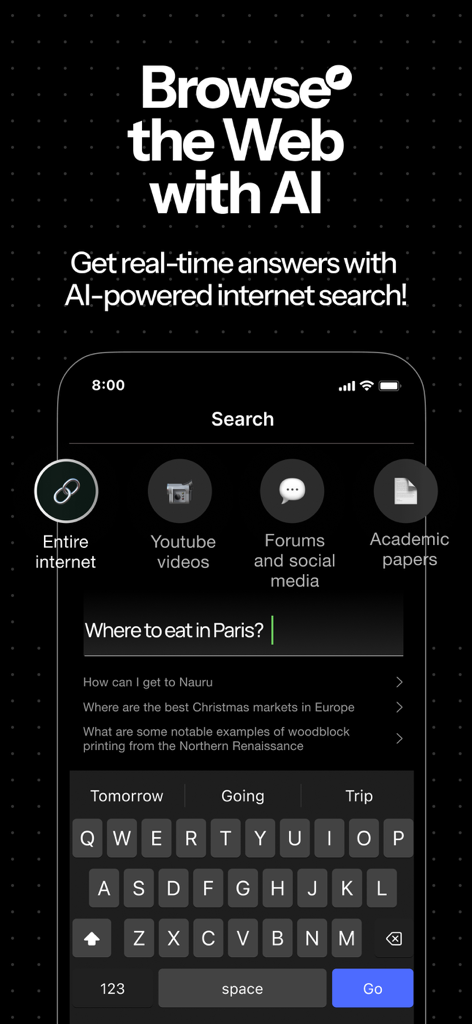 Genora AI – Chat bot & Search - Mobile interface of Genora AI app showing its real-time web search feature with specialized categories for videos forums and academic papers