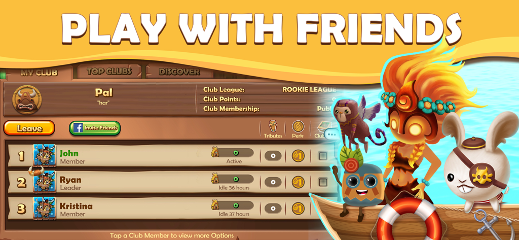 Tiki Solitaire TriPeaks - Tiki Solitaire TriPeaks club social feature interface showing a list of friends and members with tropical characters