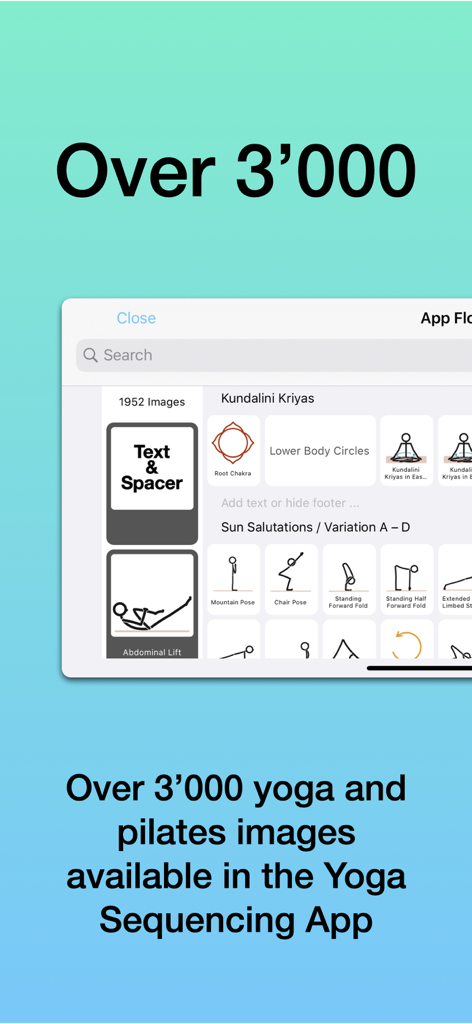 Interface showing a library of over 3,000 yoga and pilates stick figure icons for sequence planning.