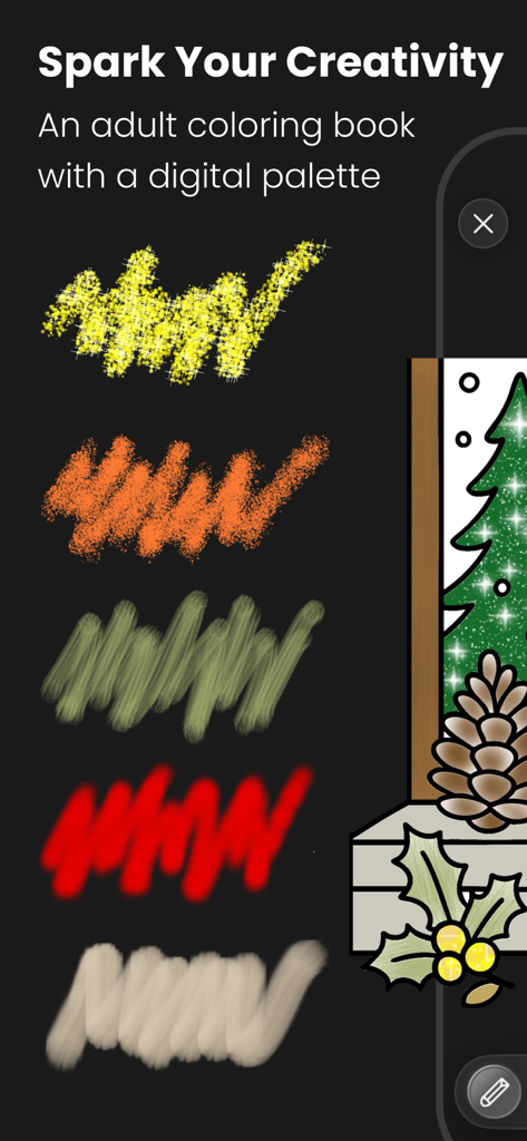 Adult Coloring Book - Hue - Digital paint brushes and colorful textured strokes in the Hue adult coloring book app.