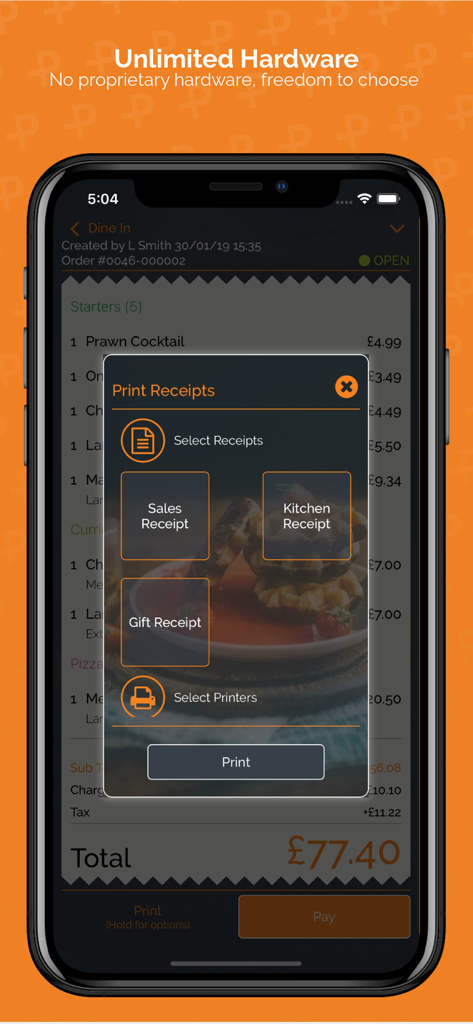 PosApptive POS app screen showing options to print sales kitchen and gift receipts with support for unlimited hardware
