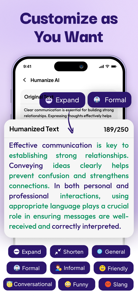 Interface of the Humanize AI app showing options to customize text tone and length including formal informal and friendly styles