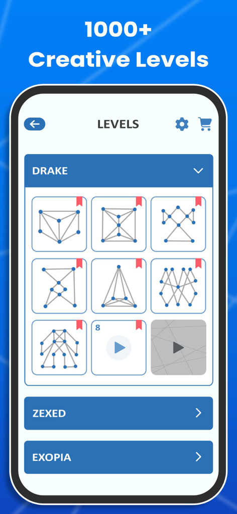 One Line - One Touch Puzzle - A mobile screen showing a menu of creative geometric puzzle levels for the One Line One Touch game.