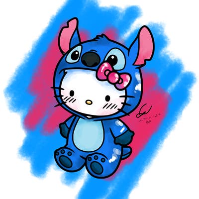 little cute hello kitty, blushing with little stitch costume