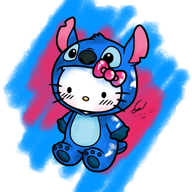 little cute hello kitty, blushing with little stitch costume