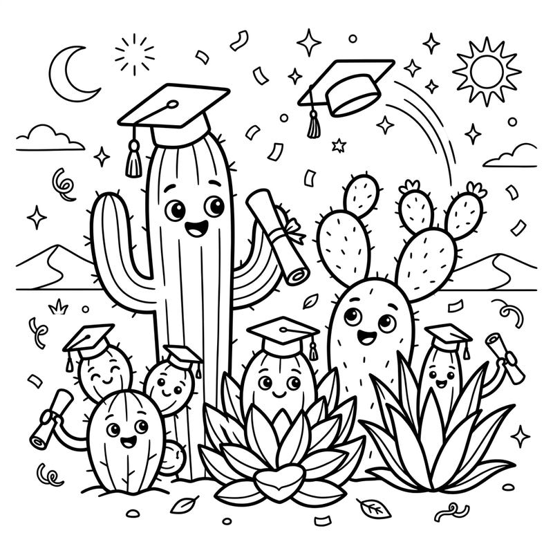 Join a delightful desert celebration as cheerful cacti, succulents, and agave don their graduation caps and proudly display their diplomas. This unique coloring page brings together the resilience of desert flora with the joy of academic achievement, ready for your creative touch.