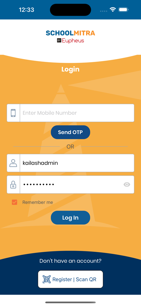 SchoolMitra - SchoolMitra app login page showing mobile OTP and username password entry fields