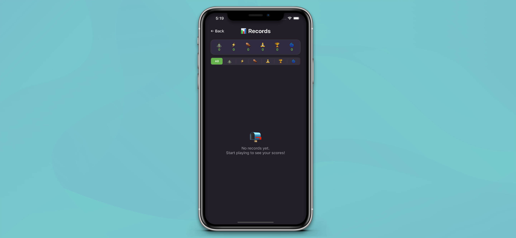 Zeapombi - La pantalla de récords de la aplicación Zeapombi que muestra estadísticas vacías para varios modos de juego.
