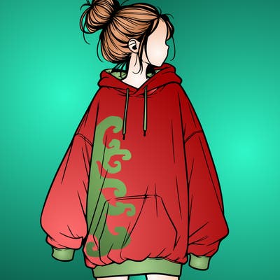 realistic girl with a oversized sweatshirt on and a bun