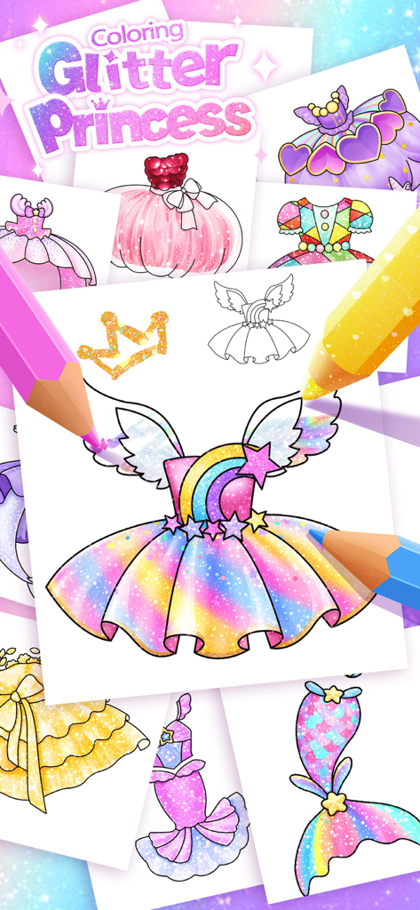 Princess dress coloring pages with rainbow glitter effects and colored pencils