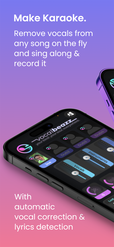 Smartphone screen showing vocalBeazz app features for vocal removal and karaoke recording