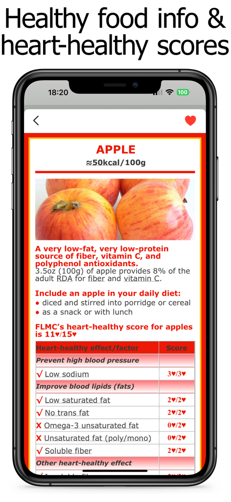 Macro Counter and Tracker - Información nutricional detallada y puntuaciones saludables para el corazón de una manzana en la aplicación Macro Counter and Tracker.