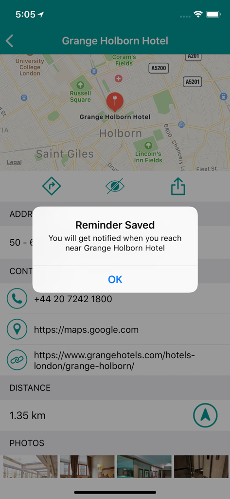 Around Me Place Finder - Around Me Place Finderアプリのインターフェース。地図画面でホテルのリマインダー確認を表示しています。