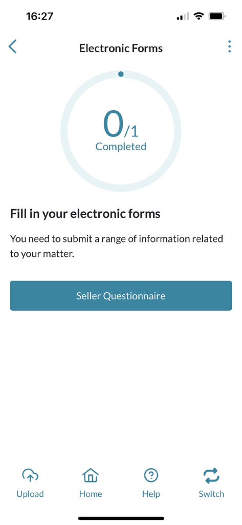 eCOS Legal - Interface of the eCOS Legal app displaying the electronic forms section with a progress tracker and a button for a seller questionnaire.