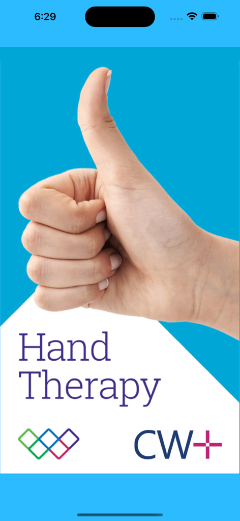 Hand Therapy - Hand Therapy app intro screen with a hand giving a thumbs up