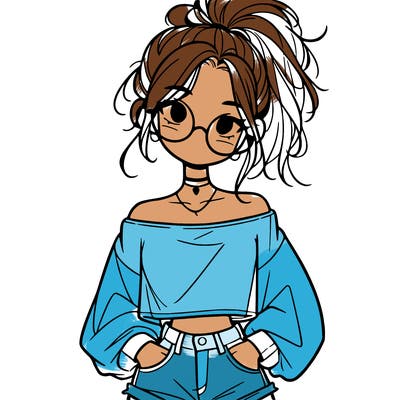 girl with a messy ponytail glasses a baggy crop top and jean shorts