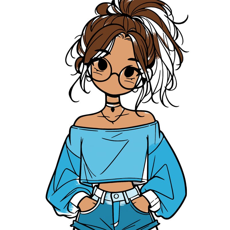 girl with a messy ponytail glasses a baggy crop top and jean shorts